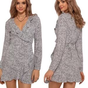 La Roque Cindy Ruffled V Neck Long Sleeve Mini Dress Abstract Black Womens Small